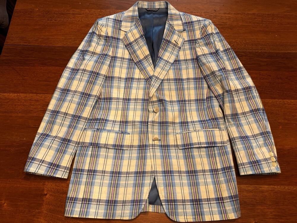 Vintage USA Madras Plaid Sport Coat Blazer Ivy Trad Preppy Blue Summer @ Size 40